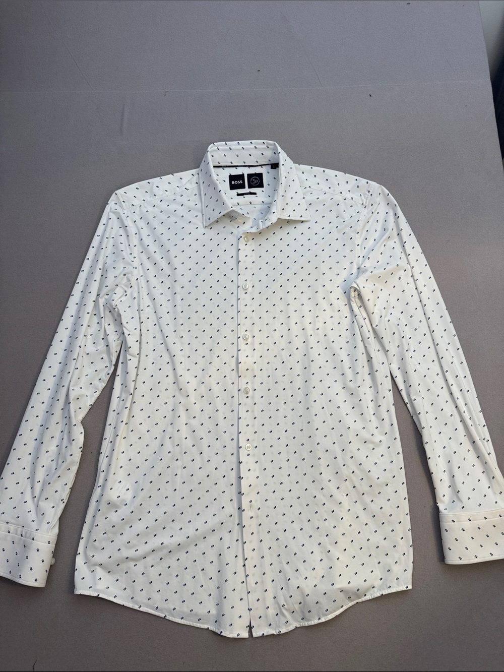 Hugo Boss White Dress Shirt with Navy Micro Dot Pattern